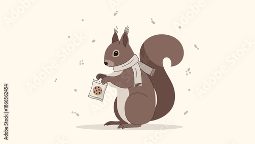 Cartoon Squirrel Holding Cookies Wearing Scarf Cute Winter Holiday Illustration