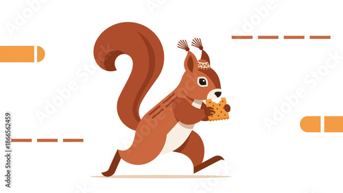 Cartoon Squirrel Running And Eating Cracker On White Backdrop Illustration