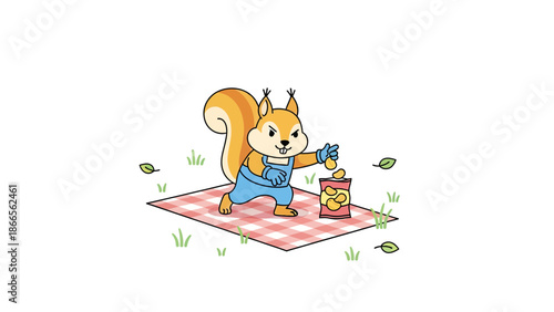 Cartoon Squirrel Stealing Chips From A Bag On A Picnic Blanket Outdoor