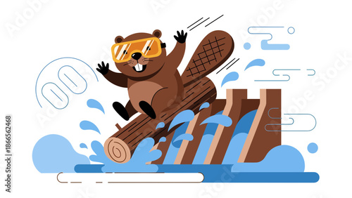 Cartoon Beaver Having Fun Riding Down A Water Slide With Goggles On