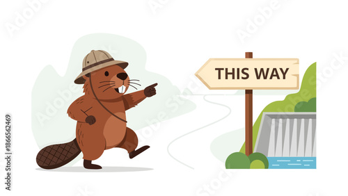 Cartoon Beaver Guide Pointing the Way to Dam Construction Adventure