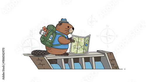 Cartoon Beaver Guides Adventure Using Map on Dam Structure in Minimal Style