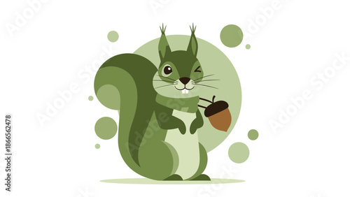 Cartoon Squirrel Winking Holding Acorn In Neutral Green Color Scheme Illustration