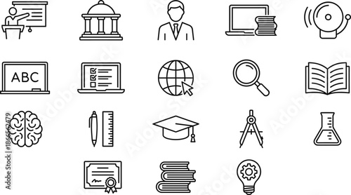 Education and learning line icon set featuring school university research knowledge science teaching tools isolated vector illustration collection
