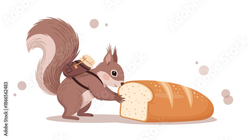 Cartoon Squirrel With Backpack And Loaf Of Bread On White Background