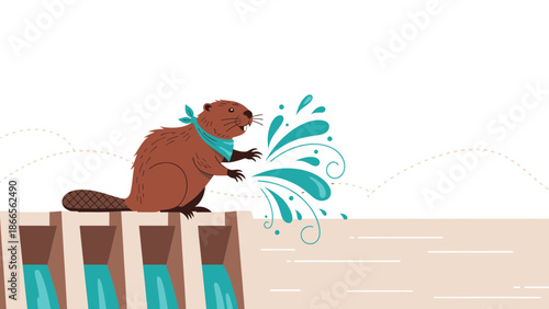 Cartoon Beaver Mascot on a Dam Showing Water Splashing Vector Illustration