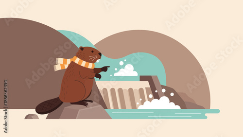 Cartoon Beaver Near A Dam Illustration In Earthy Colors And Flat Design