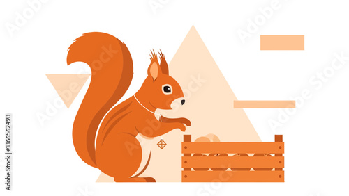 Cartoon Squirrel With Nuts In Wooden Crate On Creative Minimalist Orange Background
