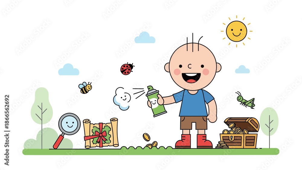 Fototapeta premium Cartoon Boy With Treasure Chest And Treasure Map Having Fun Outdoors