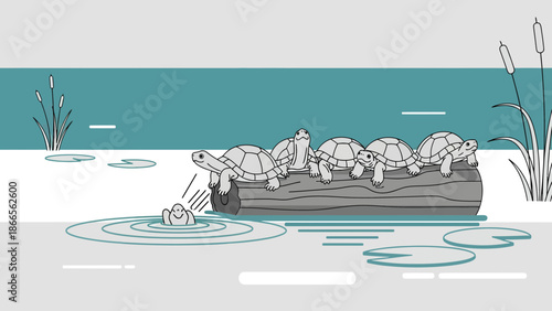 Cartoon Turtle Friendship In Wetland Scene In The Pond Flat Illustration