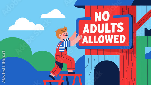 Cartoon Boy Hanging Sign That Says No Adults Allowed On Treehouse