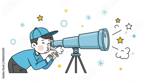 Cartoon Boy Looking Through Telescope Discovering Stars In The Distant Space