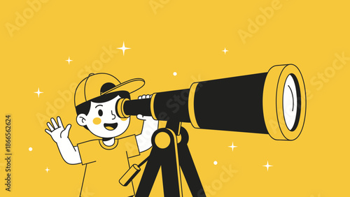 Cartoon Boy Looking Through Telescope Discovery Future Exploration Concept