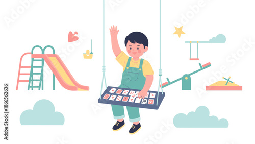 Cartoon Boy Playing Cards On A Swing In The Playground Scene Illustration
