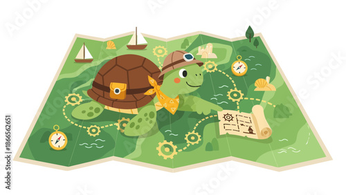 Cartoon Turtle On Adventure Map Vector Illustration For Children's Storybook