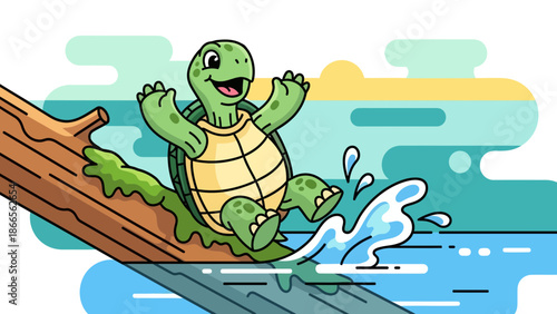 Cartoon Turtle Sliding Off A Log Into Water With Joyful Expression