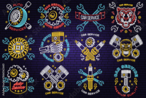 Set of auto service logos, emblems, badges in neon style. Vector. For expert service car repair center, restoration with tiger and wrench. Auto repair emblem sign, night bright advertising car service