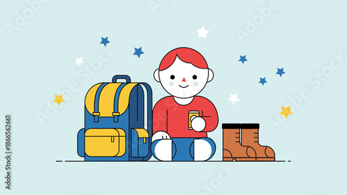 Cartoon Boy Ready For An Adventure With Backpack And Hiking Boots