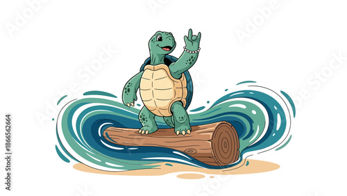 Cartoon Turtle Surfing On A Log With Joyful Expression Vector Illustration