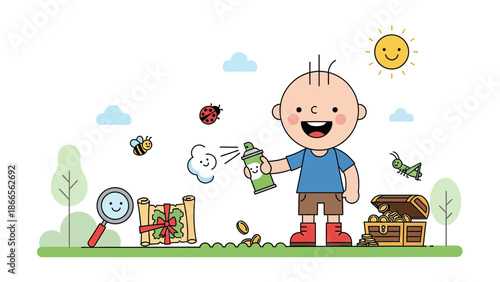 Cartoon Boy With Treasure Chest And Treasure Map Having Fun Outdoors