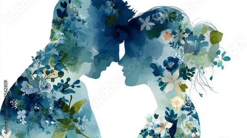 Silhouettes of a couple with floral patterns, representing love and connection. The design features blue and green hues with various flowers.