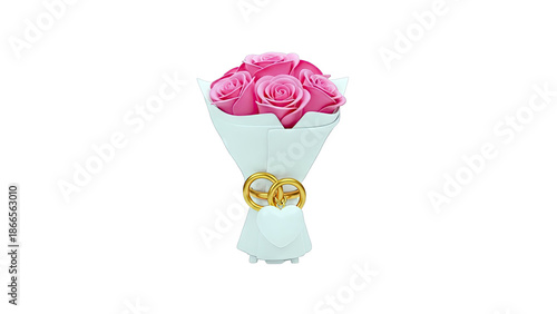 Pink Roses Bouquet with Wedding Rings and Heart Charm