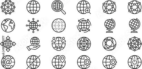 Global network and internet connection line icon set illustrating world communication data technology connectivity concepts isolated vector collection