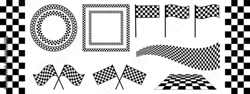 Set of flags and frames for race car competition. Start or finish rally, motocross or karting symbols. Pennants and borders with checkered print. Chess game plane texture. Vector graphic illustration