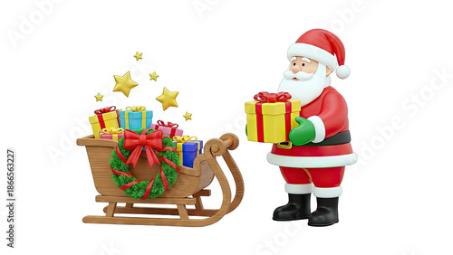 Santa Claus with Sleigh Full of Gifts and Christmas Wreath