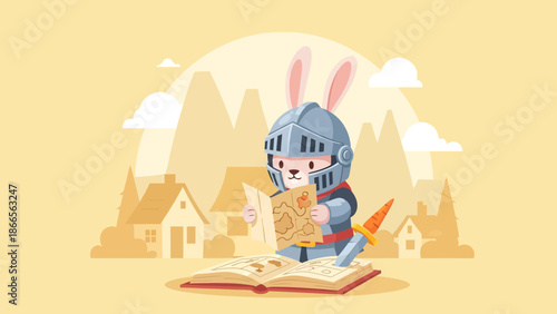 Brave Bunny Knight Reading Ancient Maps For New Adventures In Magical Kingdom