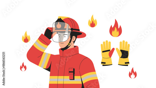 Brave Firefighter Adjusting His Protective Visor with Fire and Equipment Ready