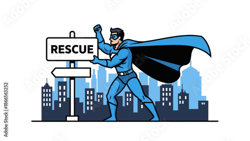 Brave Hero With Sign In City Ready For A Vital Rescue Operation