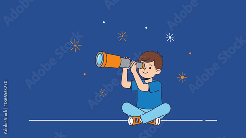 Boy Looking Through Telescope Discovering Starry Night Sky Adventures