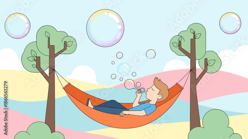 Boy Lying In Hammock Blowing Bubbles Relaxing In The Nature Under Trees
