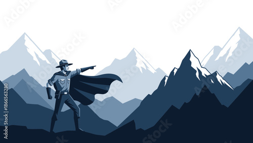 Brave Ranger Hero Guide Stands Watch Over Mountain Range Wilderness Adventure
