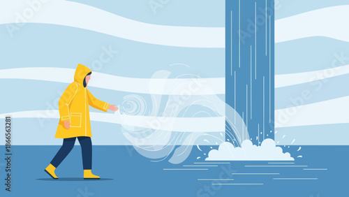 Braving The Elements: Person In Raincoat Walking Through The Wind And Rain