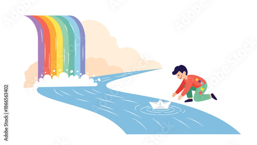 Boy Playing With Paper Boat Under A Rainbow Waterfall Illustration Design