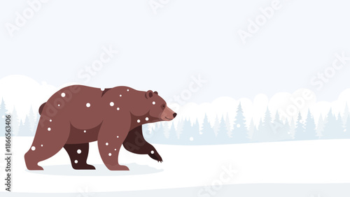 Brown Bear Walking Through Snowy Landscape With Silhouette Of Pine Trees