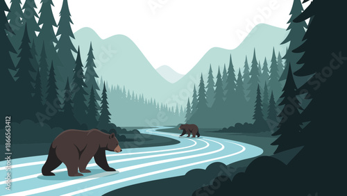 Brown Bears Wandering Through Tranquil Forest River Landscape With Mountains