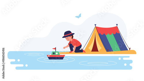 Boy Playing With Toy Boat Near The Tent During Summer Camp Vacation