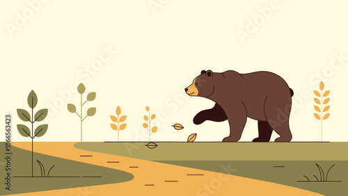 Brown Bear Wandering In The Natural Landscape With Trees And Foliage
