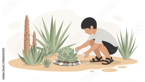 Boy Plays with Rocks Around a Desert Plant in a Dry Garden Oasis