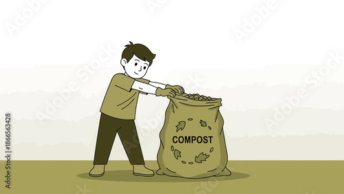 Boy Preparing Compost From Organic Waste For Sustainable Gardening Practice