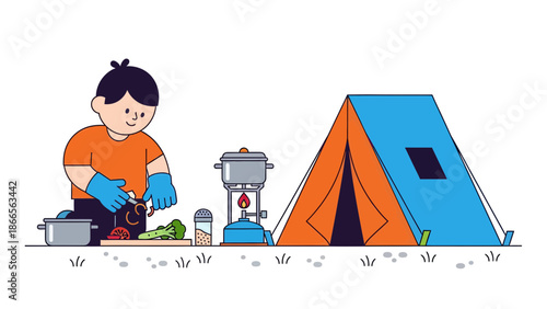 Boy Prepares Meal While Camping In Nature With Tent And Stove