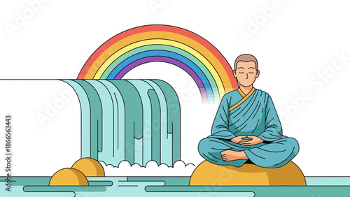 Buddhist Monk Meditating Near Waterfall And Rainbow Landscape In Peaceful Setting