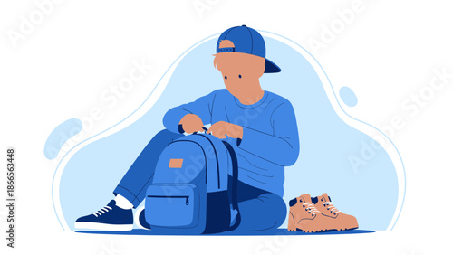 Boy Preparing For School Or Trip Packing Backpack Vector Illustration