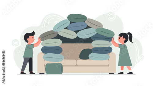 Building A Cozy Pillow Fort Together Kids Having Fun At Home