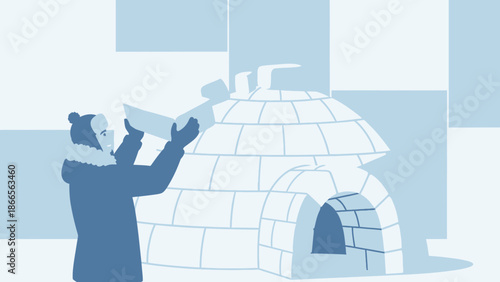 Building An Igloo In The Arctic Landscape Under Blue And White Shades Illustration