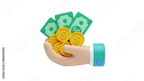 3D Cartoon Hand Holding Dollar Bills and Coins