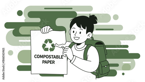 Boy Presenting Compostable Paper With Recycle Sign Promoting Eco Awareness